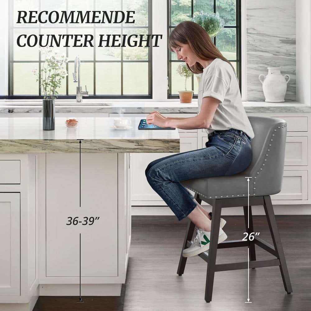 26" Dark Gray Faux Leather Swivel Bar Stools with Wood Legs, Set of 4