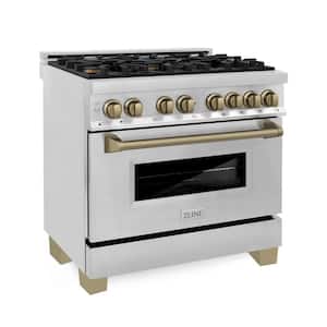 Autograph Edition 36 in. 6 Burner Dual Fuel Range in Stainless Steel and Champagne Bronze