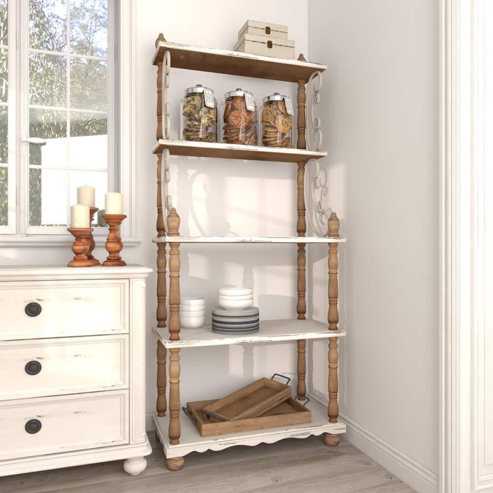 75" White and Brown Wood 5-Tier Farmhouse Baker's Rack