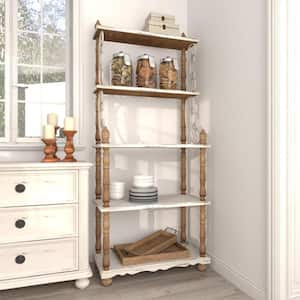 75 in. 5 Shelf Wood Stationary White Scroll Shelving Unit with Brown Spindle Sides and Ball Feet