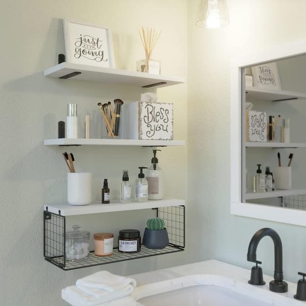 16.5 in. W x 6 in. D White Wood Floating Bathroom Shelves Wall Mounted with Wire Basket Decorative Wall Shelf
