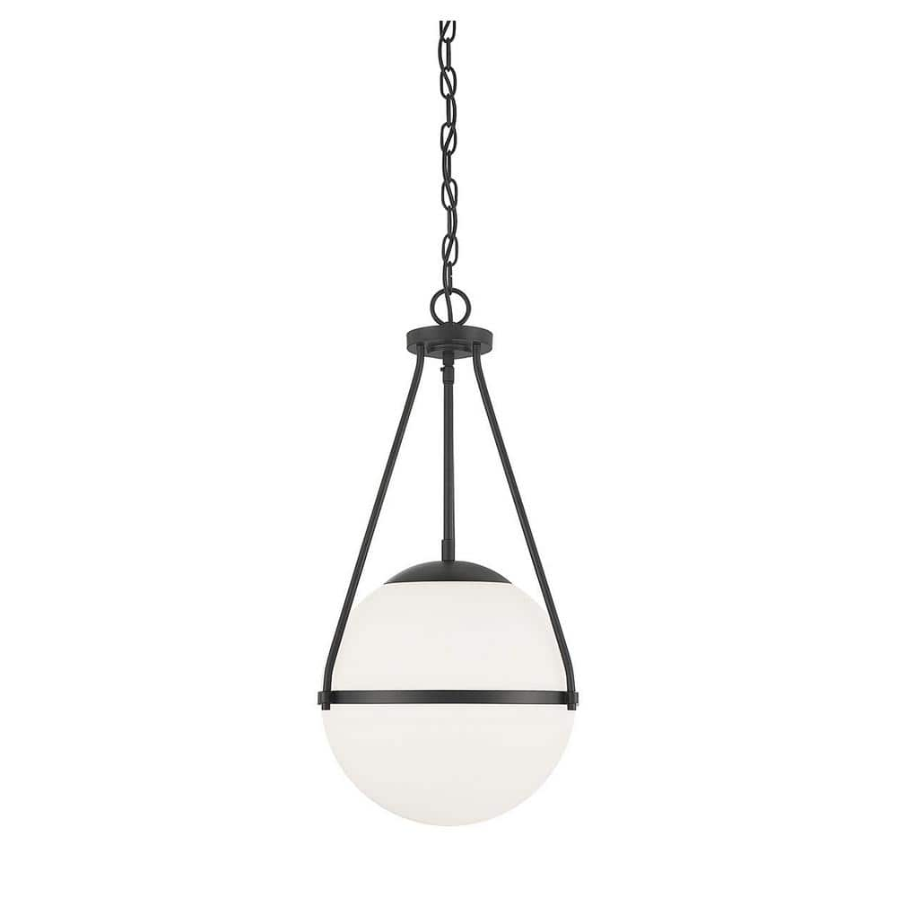 Savoy House Meridian 1 Light Matte Black Standard Pendant Light With White Opal Glass Shade