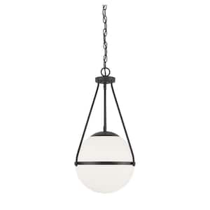Meridian 13.25 in. W x 25.25 in. H 1-Light Matte Black Standard Pendant Light with White Opal Glass Shade