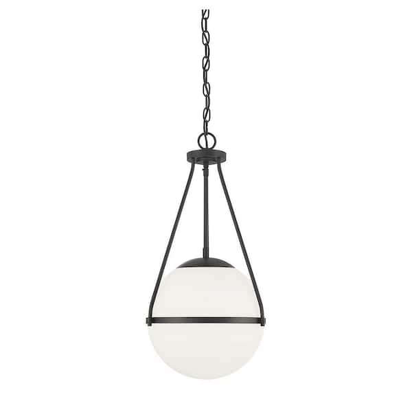 Savoy House Meridian 13.25 in. W x 25.25 in. H 1-Light Matte Black Standard Pendant Light with White Opal Glass Shade