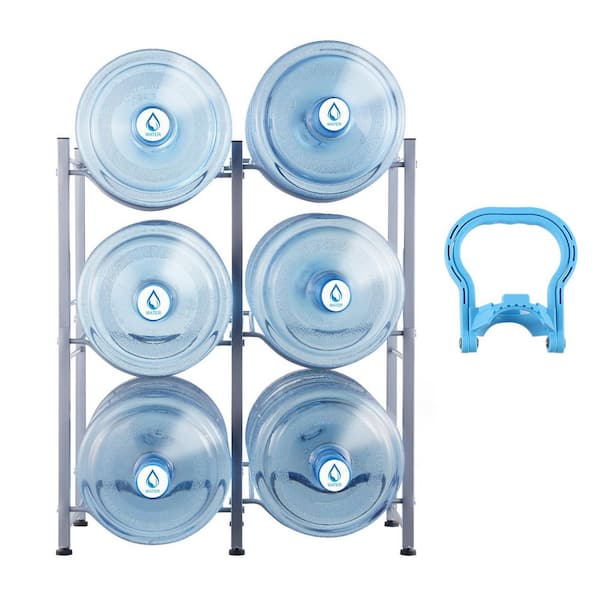 3-Tiers Water Jug Holder, 5 gal. Water Bottle Holder, Double Row Rack for 6 Bottles, Heavy Duty, for Kitchen, Silver