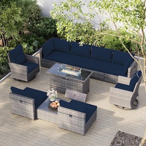 10-Piece Wicker Patio Conversation Set with 50,000 BTU Wicker Firepit Table, Swivel Chairs and Navy Blue Cushions