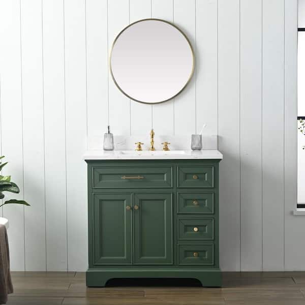 SUDIO Thompson 36 in. W x 22 in. D Bath Vanity in Evergreen with Engineered Stone Top in Carrara White with White Sink