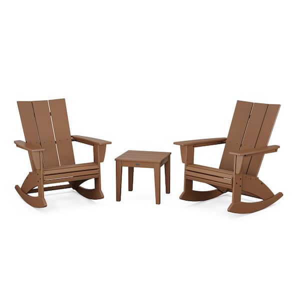POLYWOOD 3-Piece Modern Curveback Adirondack Rocking Chair Teak HDPE Plastic Patio Conversation Set