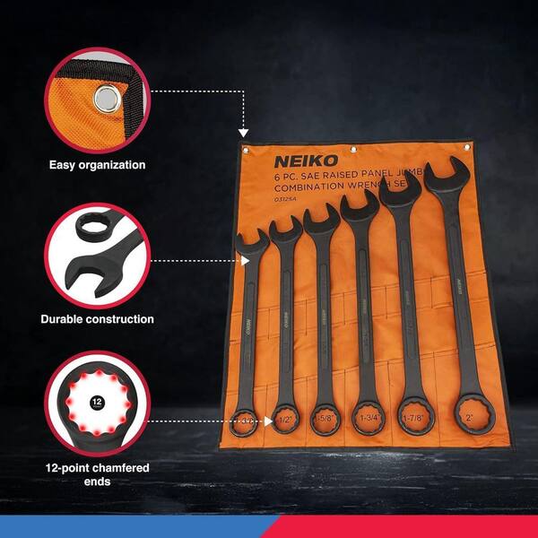 NEIKO 6 in. Heavy Duty Wrench Set with SAE 12-Pt Combination Box
