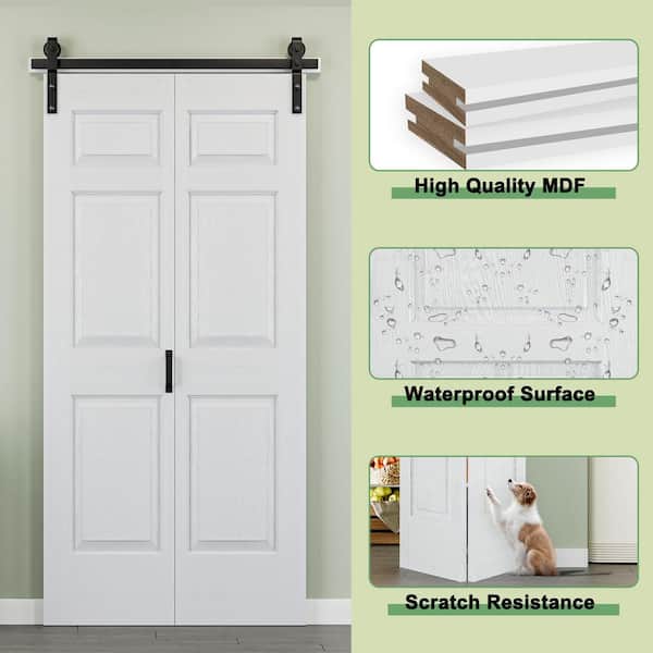 36 in. x 84 in. Paneled 6-Lite White Primed MDF Composite Bi-Fold Sliding Barn Door with Hardware Kit and Handle