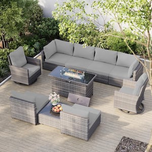 10-Piece Wicker Patio Conversation Set with 50,000 BTU Wicker Firepit Table, Swivel Chairs and Light Gray Cushions
