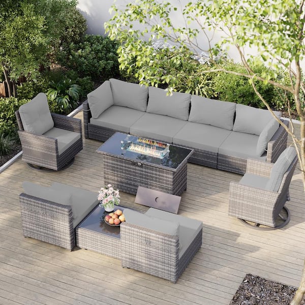 UPHA 10-Piece Wicker Patio Conversation Set with 50,000 BTU Wicker Firepit Table, Swivel Chairs and Light Gray Cushions