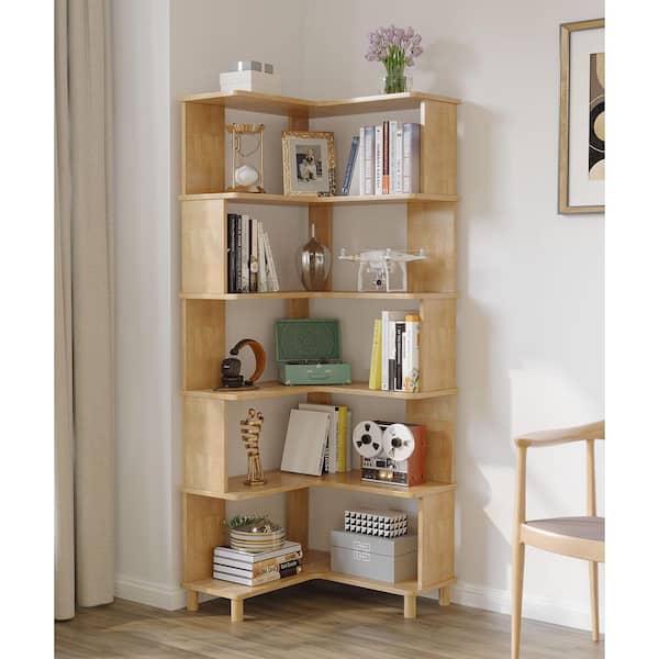 71.3 in. Tall Beige Solid Wood 5-Shelf Corner Bookcase with Interior Shelves, Storage, L-Shape