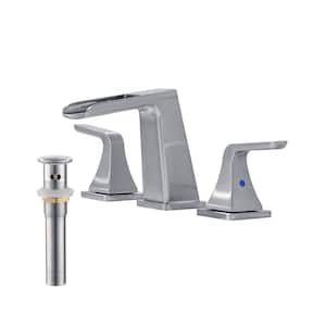 8 in. Widespread 2-Handle Waterfall Spout Bathroom Faucet with Pop-Up Drain Kit in Brushed Nickel
