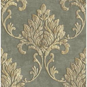 Telluride Rustic Damask Metallic Gold, Charcoal, & Brown Paper Strippable Roll (Covers 56.05 sq. ft.)