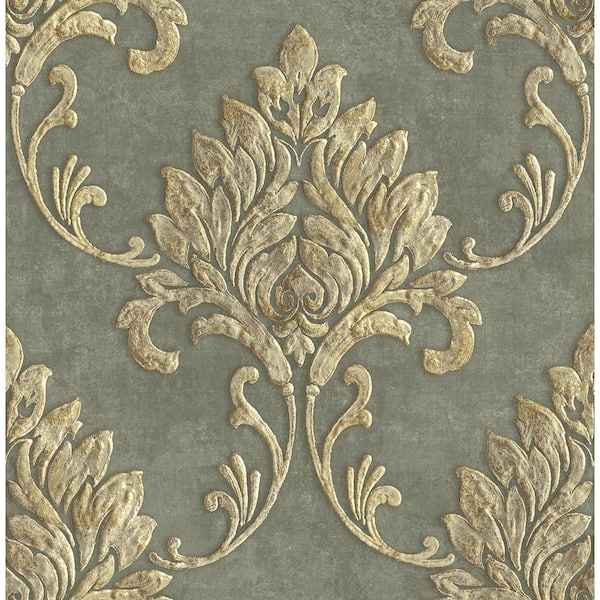 Seabrook Designs Telluride Rustic Damask Metallic Gold, Charcoal, & Brown Paper Strippable Roll (Covers 56.05 sq. ft.)