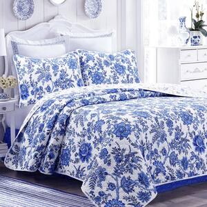 Royal Floral Garden 3-Piece Blue Toile Cotton Queen Quilt Bedding Set