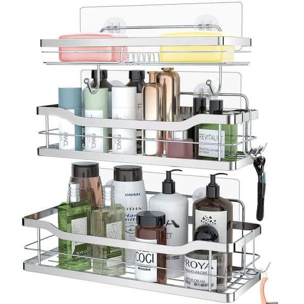 Dracelo 2 Pack Silver Adhesive Stainless Steel Shower Rack Basket Shelf  with Hooks B087JNBSNQ - The Home Depot