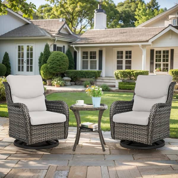 Pocassy Crescent Moon Gray 3-Piece Wicker Patio Conversation Deep Seating Set with Beige Cushions