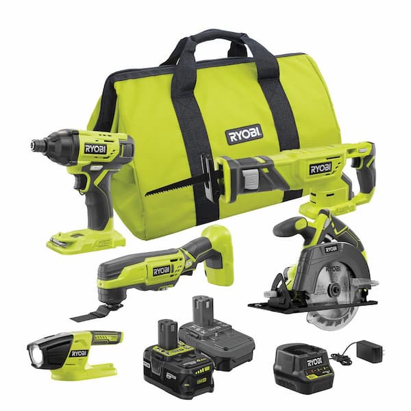 RYOBI ONE+ 18V Cordless 5-Tool Combo Kit with One 4.0 Ah Battery, One 1.5  Ah Battery, 18V Charger, and Bag PCK502KN The Home Depot