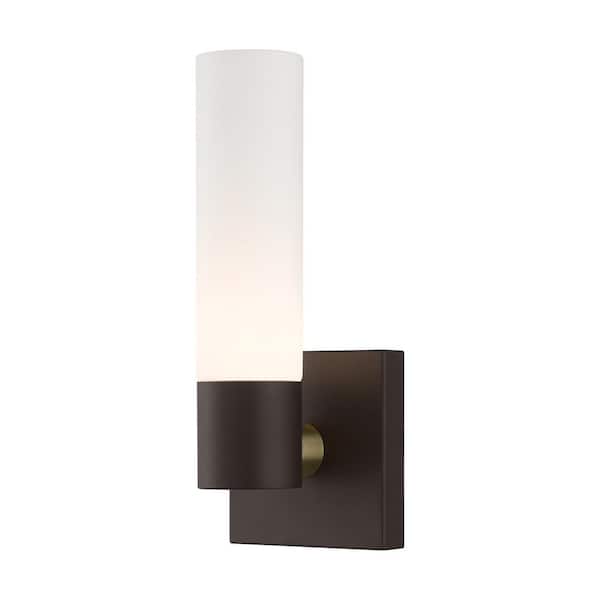 AVIANCE LIGHTING Aspen 4.5 in. 1-Light Bronze ADA Wall Sconce with Hand Blown Satin Opal White Twist Lock Glass