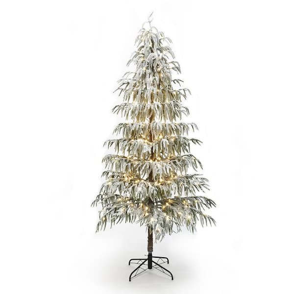 7.5 ft. PreLit Snowy Branches Slim Cedar Artificial Christmas Tree with Metal Stand