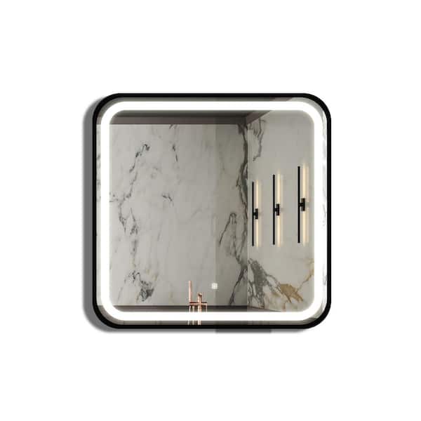 Unbranded 32 in. W x 32 in. H Square Black Metal Framed Wall LED Bathroom Vanity Mirror,Dimmable Touch, Lighted Vanity Wall Mirror