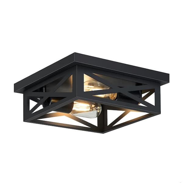 9.8 in. 2-Light Farmhouse Square Black Flush Mount Ceiling Light with No Bulbs Included (1-Pack)