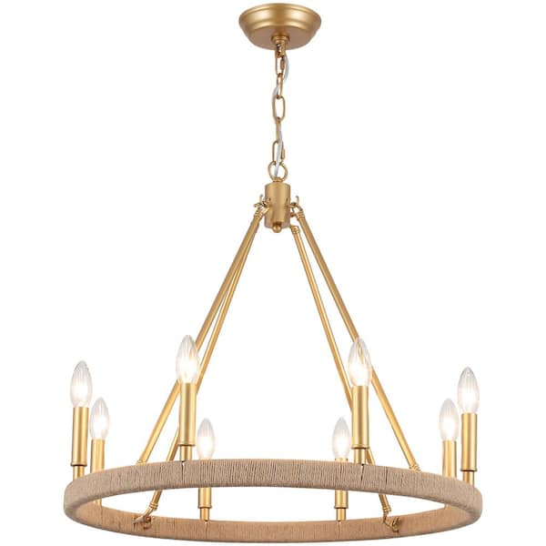 Elinka 8 Light Gold Rope Farmhouse Wagon Wheel Candle Style Chandelier for Living Room Kitchen Dining Room Foyer