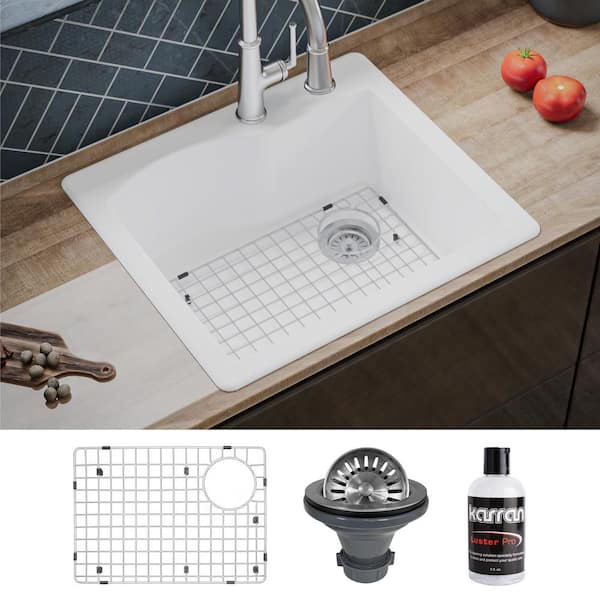 QT-671 Quartz/Granite 25 in. Single Bowl Top Mount Drop-In Kitchen Sink in White with Bottom Grid and Strainer