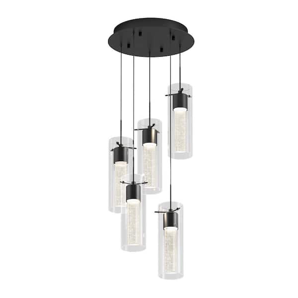 Essence 29-Watts 5-Lights Matte Black Integrated LED Pendant Light with Bubble Glass Shade