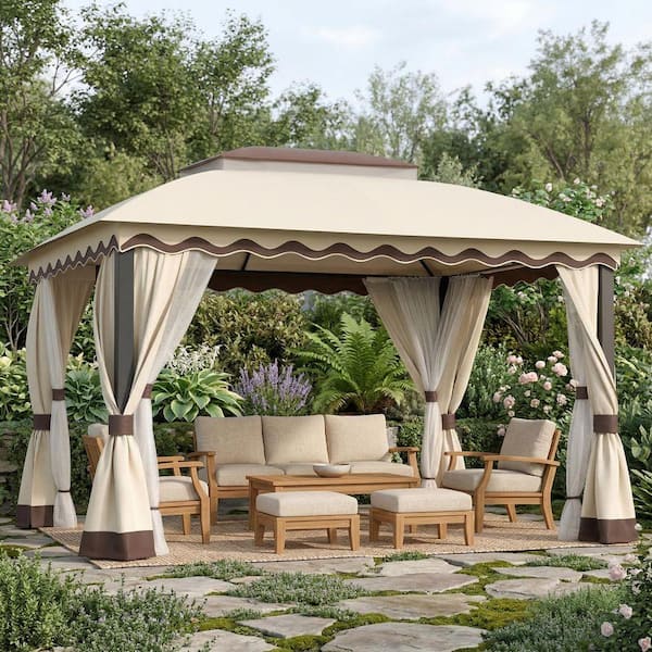 Khaki 13 ft. x 10 ft. Patio Gazebo Canopy Tent Heavy Duty Gazebos