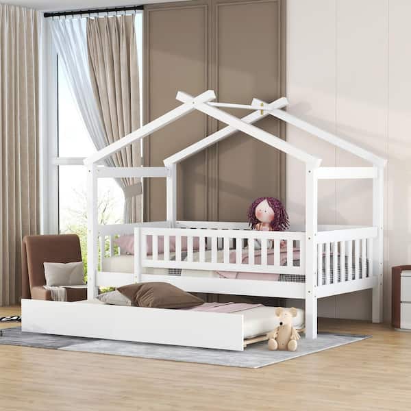 Harper & Bright Designs White Twin Size Wood House-Shaped Bed with Full-Length Guardrail and Trundle