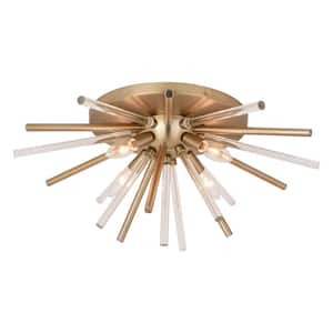 Aria 22.5 in. 4-Light Natural Brass Mid Century Modern Sputnik Flush Mount Ceiling Fixture with Glass Accents