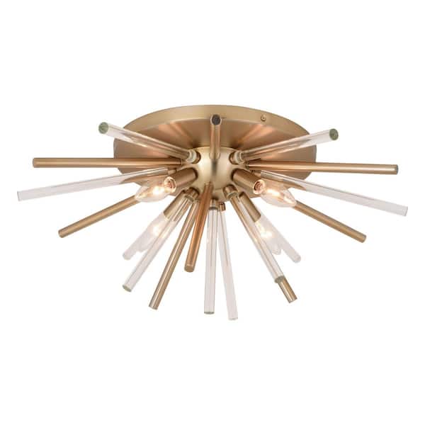 VAXCEL Aria 22.5 in. 4-Light Natural Brass Mid Century Modern Sputnik Flush Mount Ceiling Fixture with Glass Accents