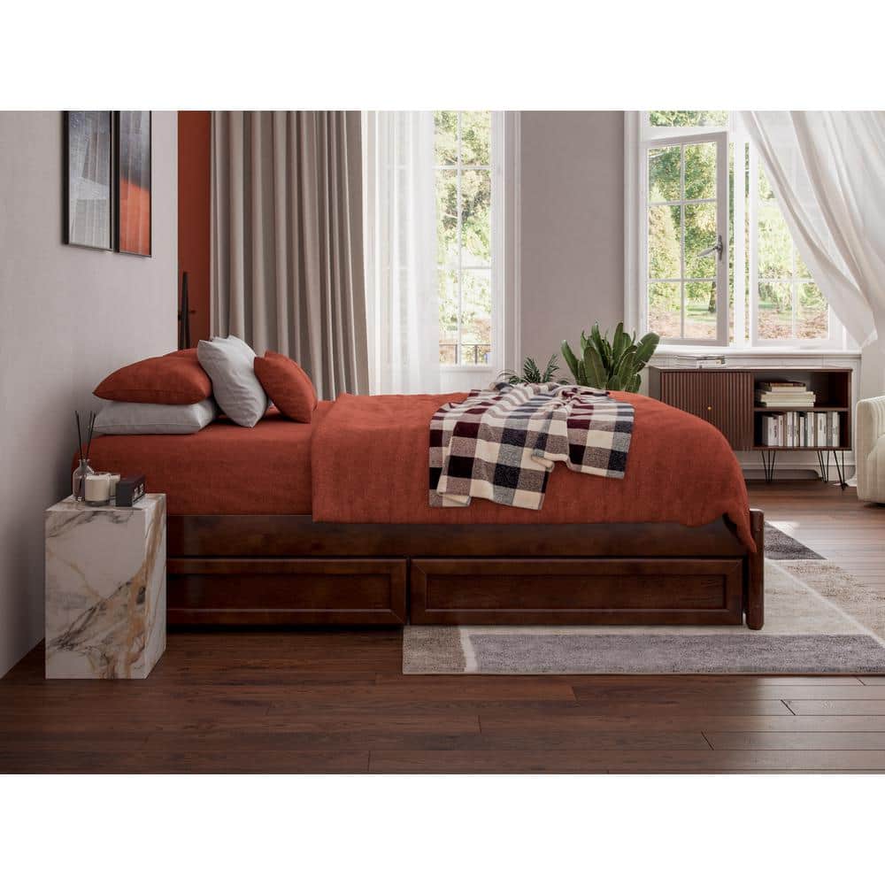 Barcelona Walnut Full Wood Panel Platform Bed with Storage Drawers