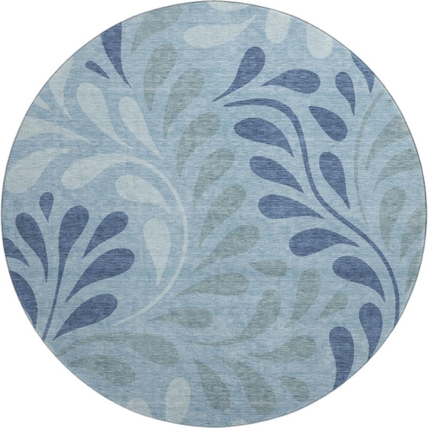 Mayfield Premium Machine Washable Abstract AMF2411 Denim 8 ft. x 8 ft. Round Rug