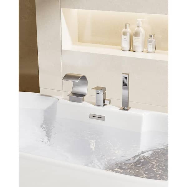 YAWWALK Single-Handle Tub-Mount Roman Tub Faucet with Hand Shower in Brushed Nickel