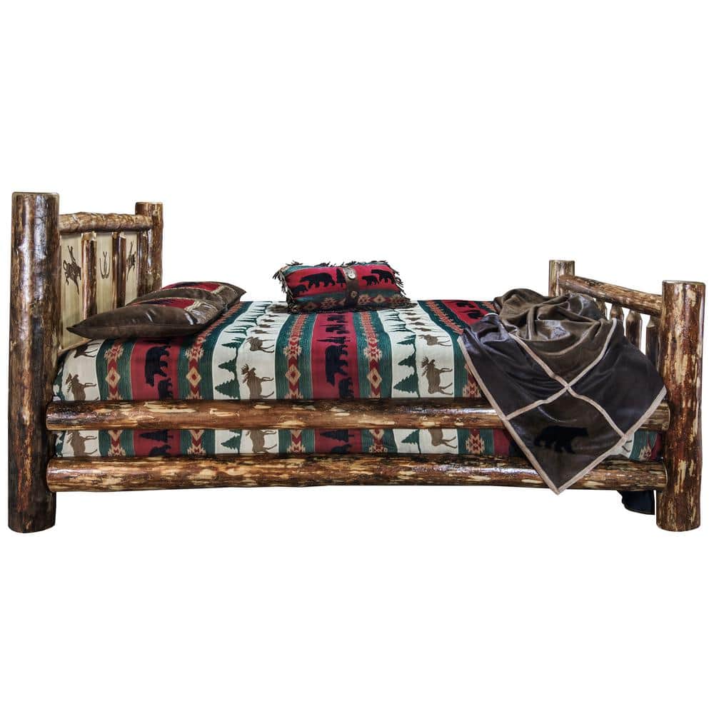 Twin Brown Pine Wood Frame Panel Bed with Engraved Headboard
