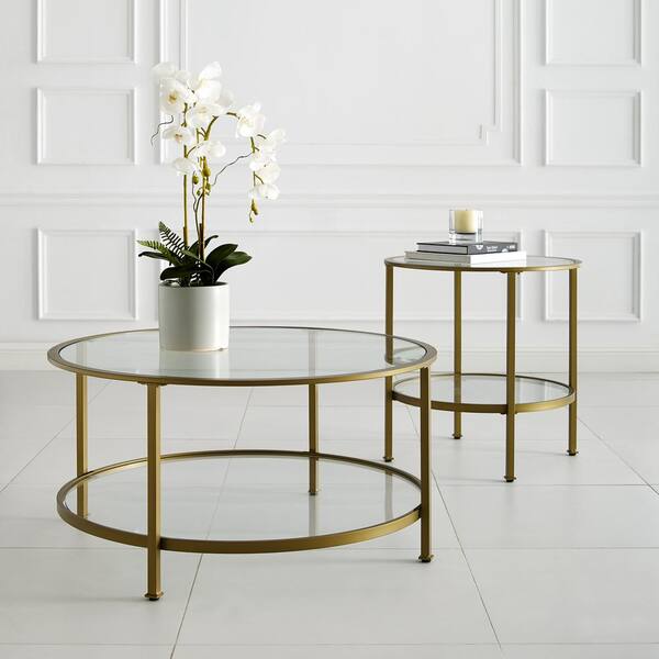 Crosley Furniture Aimee 2 Piece Gold, Gold And Glass End Table Set