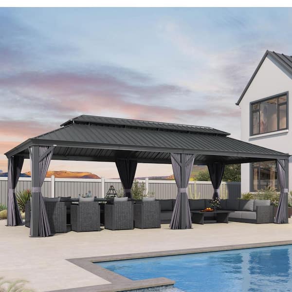 14 ft. x 28 ft. Luxury Patio Outdoor Gazebo for Backyard Hardtop Aluminum Frame with Netting, Hooks, Upgrade Curtain