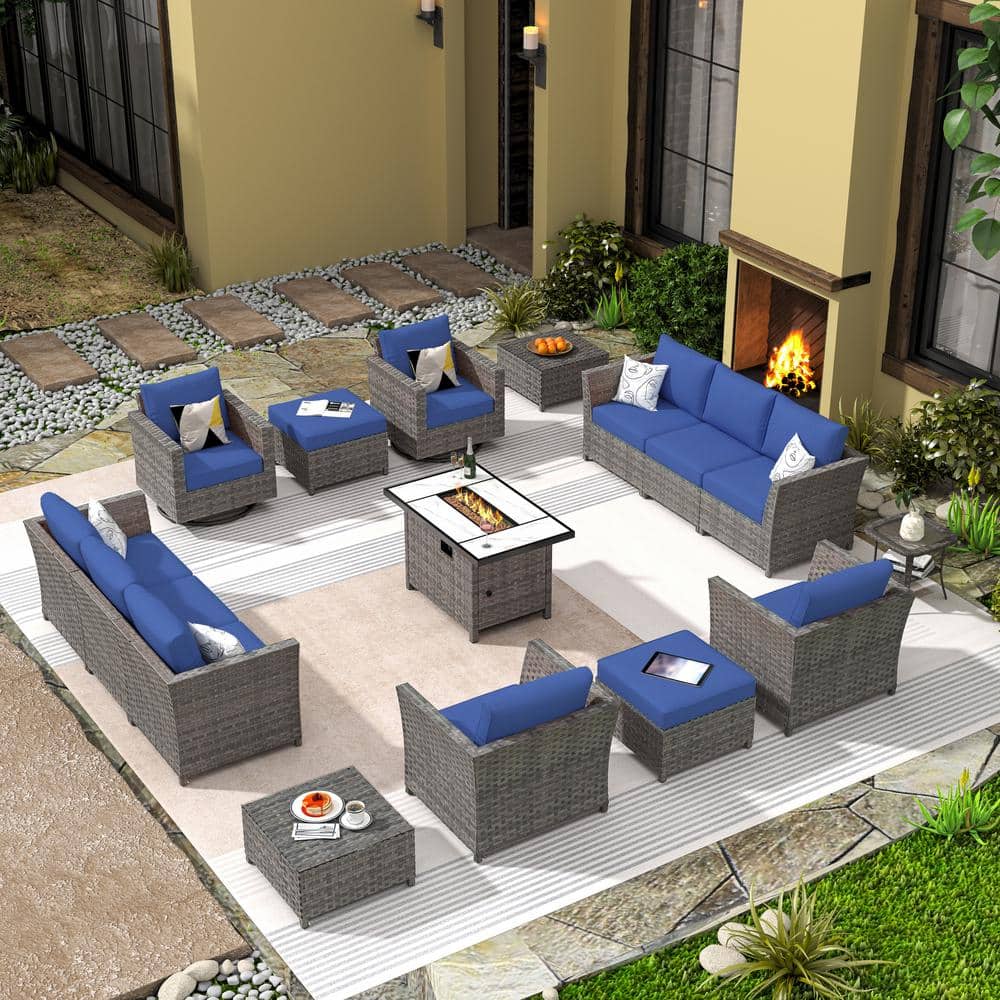Vesta Gray 16-Piece Wicker Outerdoor Patio Rectangular Fire Pit Set with Navy Blue Cushions and Swivel Rocking Chairs price history on PriceWatchPro