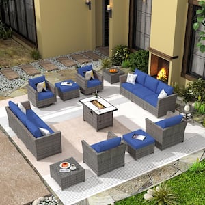 Vesta Gray 16-Piece Wicker Outerdoor Patio Rectangular Fire Pit Set with Navy Blue Cushions and Swivel Rocking Chairs