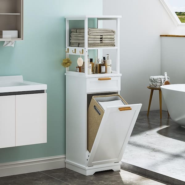 White Accent Cabinet with Tilt-Out Hamper, Hidden Trash Can Storage, Drawer and Side Hooks, Slim 53.3 in. Organizer