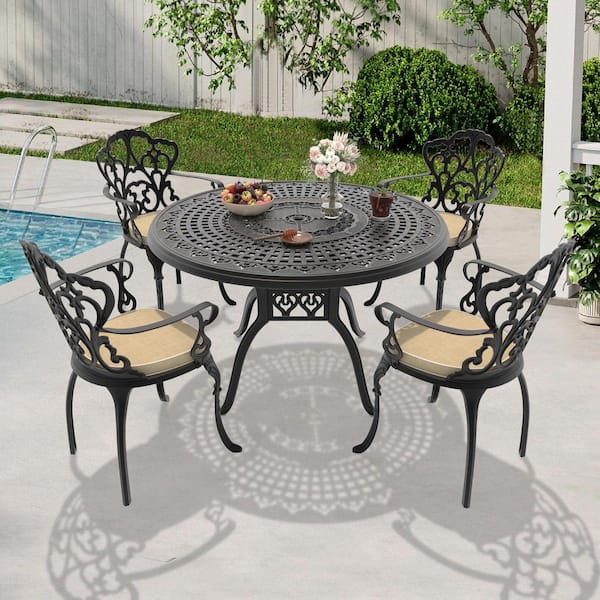 Lily Black 5-Piece Cast Aluminum Outdoor Dining Set with Round Table and Dining Chairs with Off-white Cushion