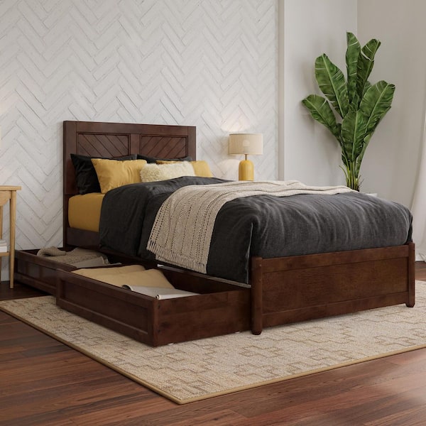 AFI Clayton Walnut Brown Solid Wood Frame Twin XL Platform Bed with Panel Footboard and Storage Drawers