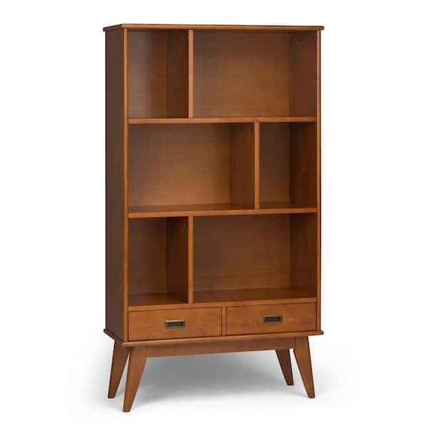 Simpli Home Draper 64 In H Teak Brown Wood 3 Shelf Accent Bookcase With Drawers 3axcdrp 13 Tk The Home Depot