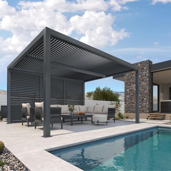 PURPLE LEAF 11 ft. x 14 ft. Gray Aluminum Louvered Pergola with 2 Adjustable Rainproof Roofs and 1-Long Side Fixed Shutter Wall