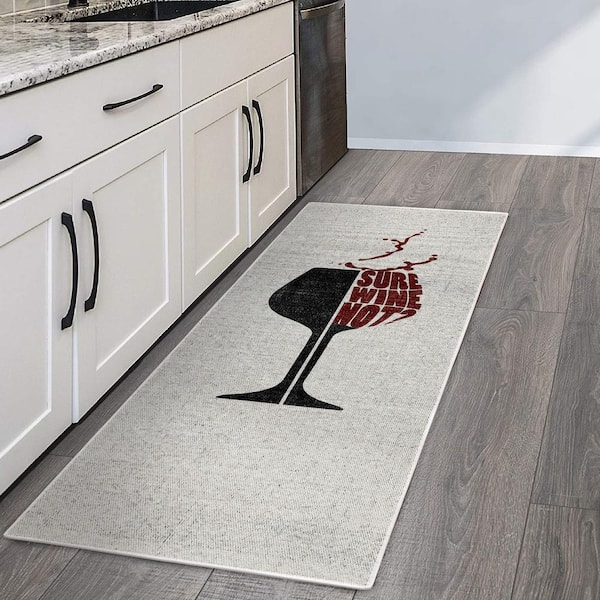 Wine Design Gray-Black 20 in. x 59 in. Cotton Kitchen or Bar Runner Rug
