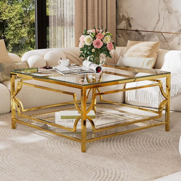 Geometric Design 33.5 in. Transparent Square Tempered Glass Coffee Table with Golden Metal Frame and Lower Shelf